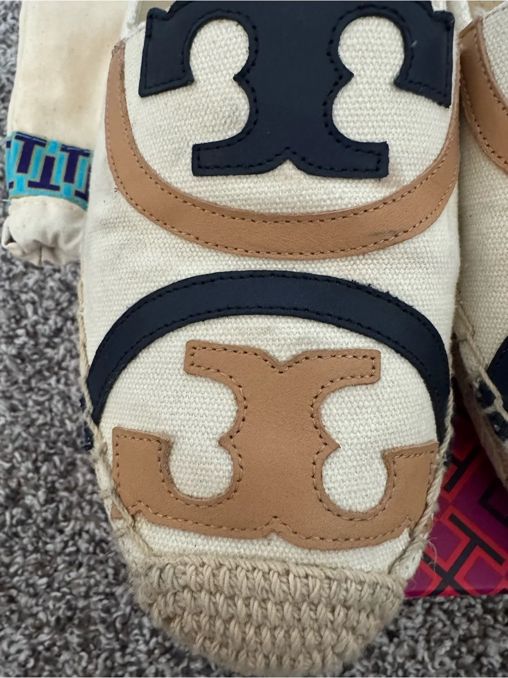 Tory Burch Cream Canvas Espadrilles with Tan and Black Logo